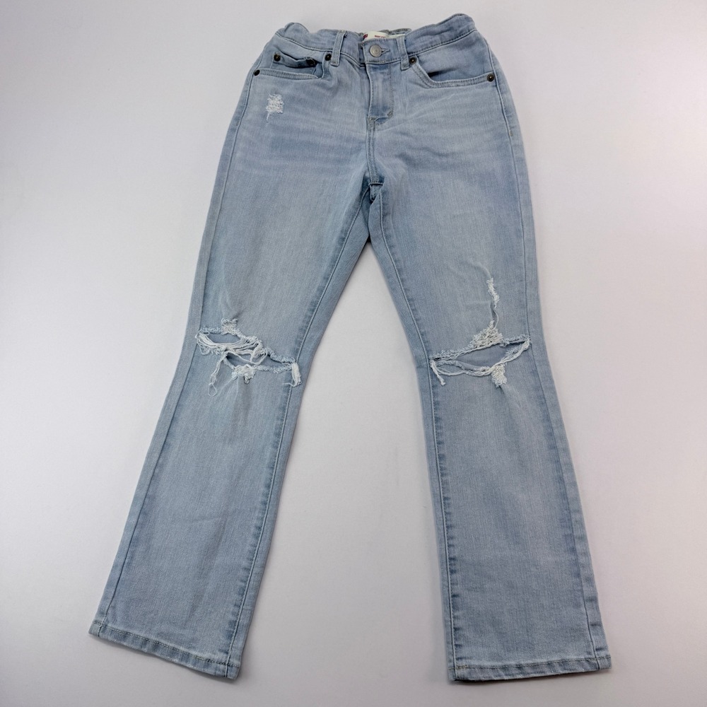 Levis Girls Light Wash Distressed Bootcut Jeans Size 12 Ripped Knees Stretch